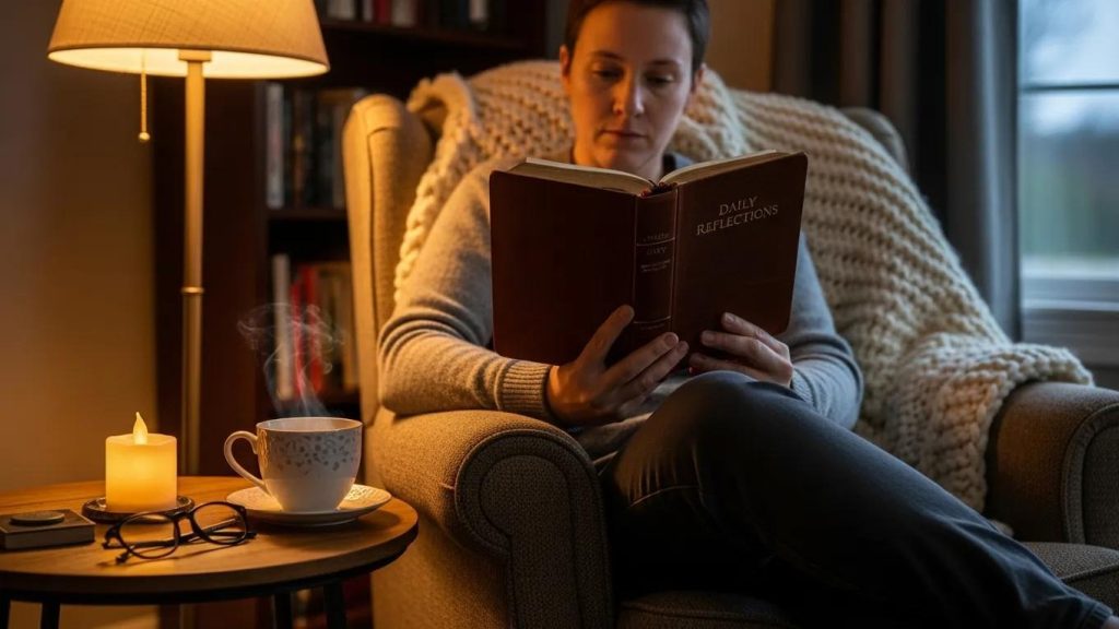 A person sits in an armchair reading a book titled Daily Reflections. A lit candle, a steaming cup, and a pair of glasses rest on a side table nearby. The room is warmly lit and cozy.