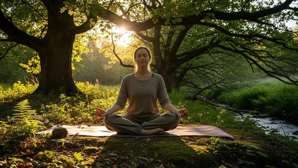 A woman sits cross-legged on a mat in a forest, meditating with eyes closed. Sunlight filters through the trees, creating a peaceful, serene atmosphere surrounded by lush greenery.