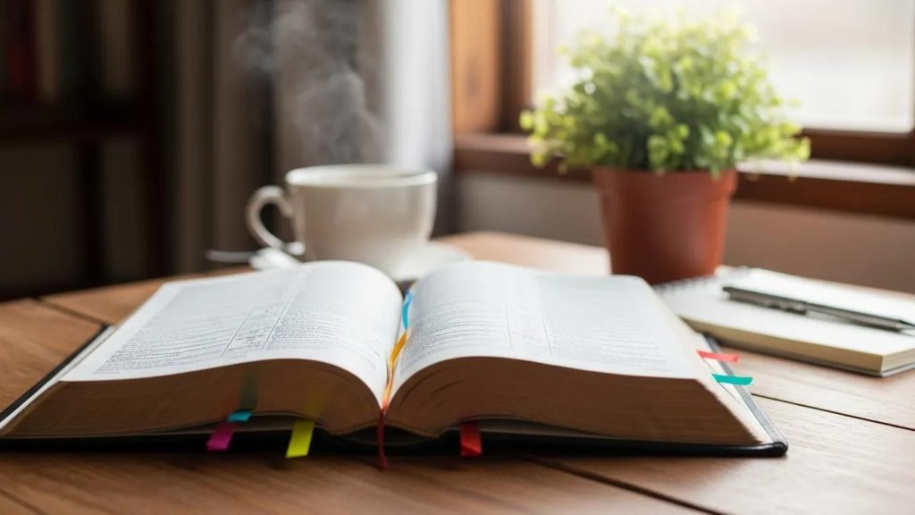 An open book with colorful page markers lies on a wooden table next to a steaming mug, a potted plant, and a notebook with a pen, all illuminated by natural light from a nearby window.