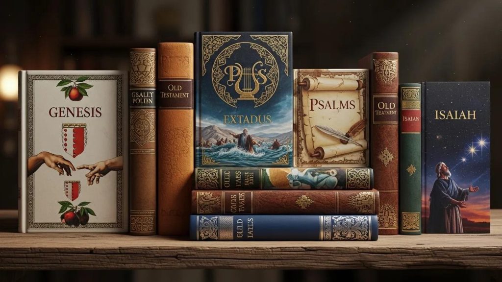 A row of ornate, vintage-style books with titles from the Bible, such as Genesis, Exodus, Psalms, and Isaiah, displayed upright on a wooden surface in a warmly lit library setting.