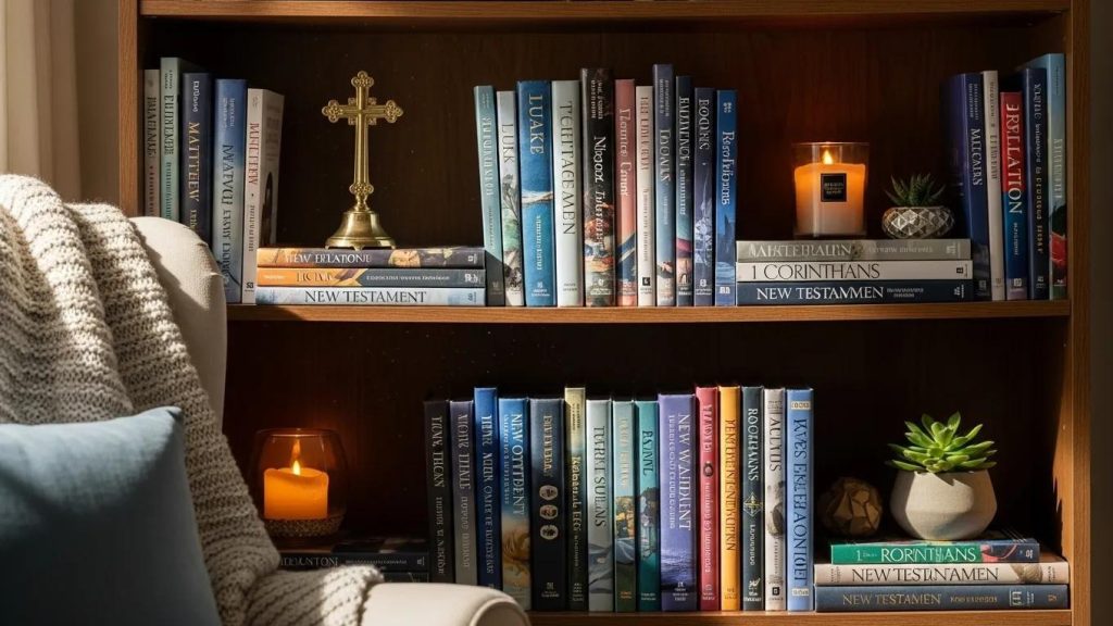A cozy bookshelf with neatly arranged books, a gold cross, lit candles, and small potted plants. A beige armchair with a knitted blanket and a blue pillow sits nearby, creating a warm, inviting atmosphere.
