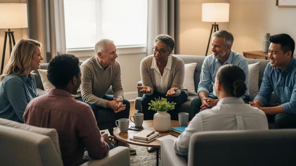 A diverse group of adults sits in a circle in a cozy living room, engaged in conversation. Coffee mugs and notepads are on the table, and everyone appears attentive and friendly.