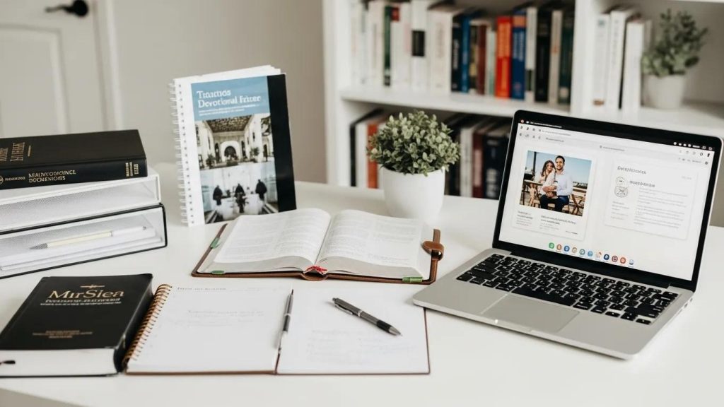 A desk with an open laptop, notebooks, pens, an open book, a potted plant, and several books and binders, set against a bookshelf filled with more books.