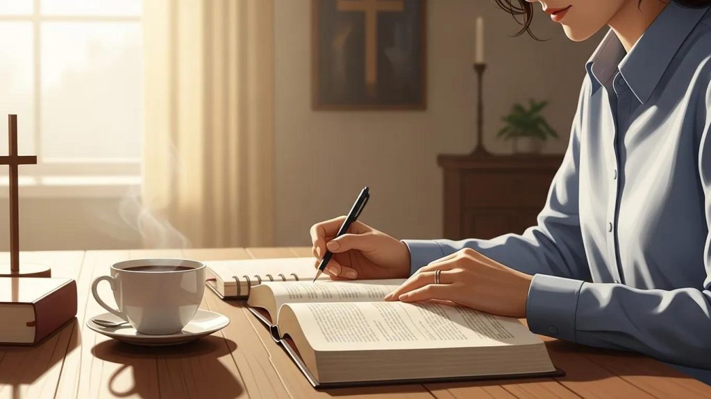 A woman sits at a wooden table, writing in a notebook next to an open book and a steaming cup of coffee. Sunlight streams through a window, and a cross and candle are visible in the softly lit background.