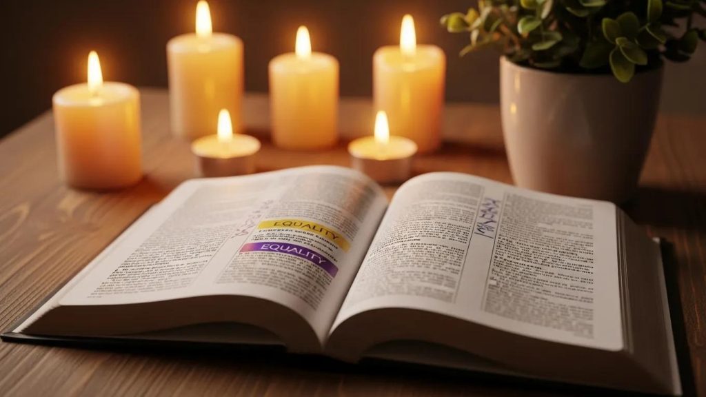 An open book lies on a wooden table, with passages highlighted in yellow and purple. Five lit candles and a potted plant are in the background, creating a warm, cozy atmosphere.