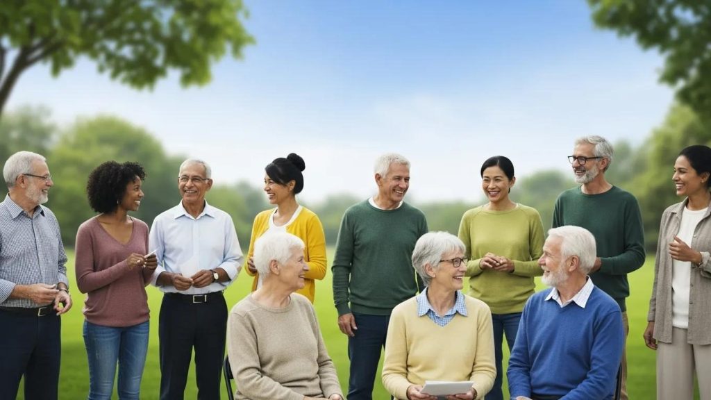 A group of older adults, both men and women, stand and sit together outdoors in a park, smiling and chatting, with green trees and blue sky in the background.