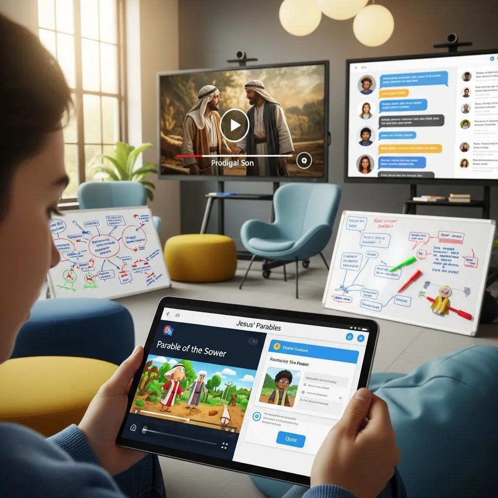 A person holds a tablet displaying educational content about Jesus’ parables. In the background are whiteboards with diagrams, a large screen showing “Prodigal Son,” and another screen displaying a chat discussion.