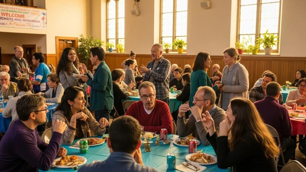 A large group of people of various ages sit and stand around tables covered with food and drinks in a bright, welcoming community hall, engaged in lively conversation.