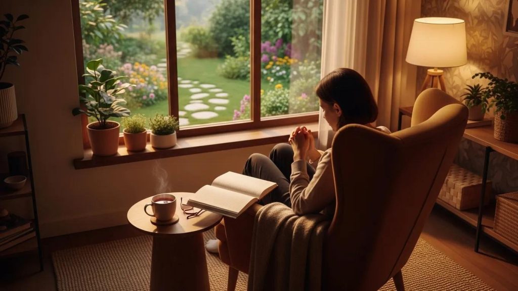 A person sits in an armchair by a window, hands clasped, with an open book and a cup of coffee on a small table. Outside, a lush garden with flowers and stepping stones is visible. The room is warmly lit.