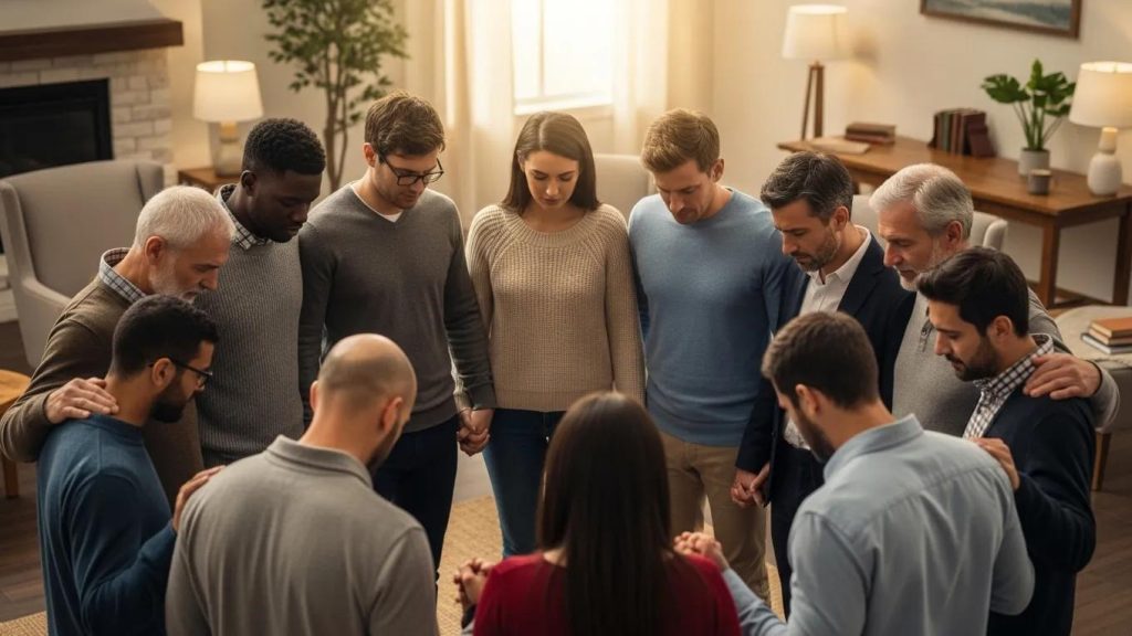 A diverse group of people stand in a circle indoors, holding hands and bowing their heads, appearing to pray or share a moment of reflection together in a warmly lit living room.