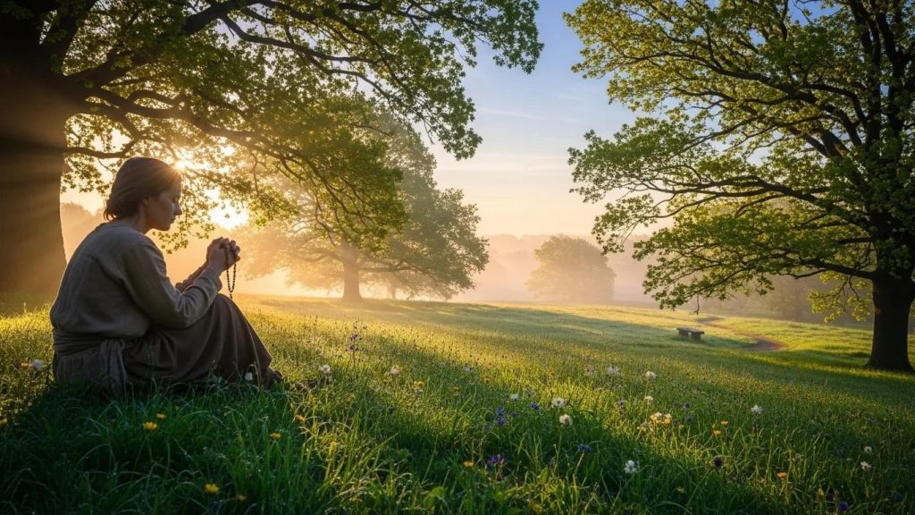 A person sits on grass in a sunlit meadow, holding prayer beads, surrounded by wildflowers and large trees, with sunlight streaming through the branches on a peaceful morning.