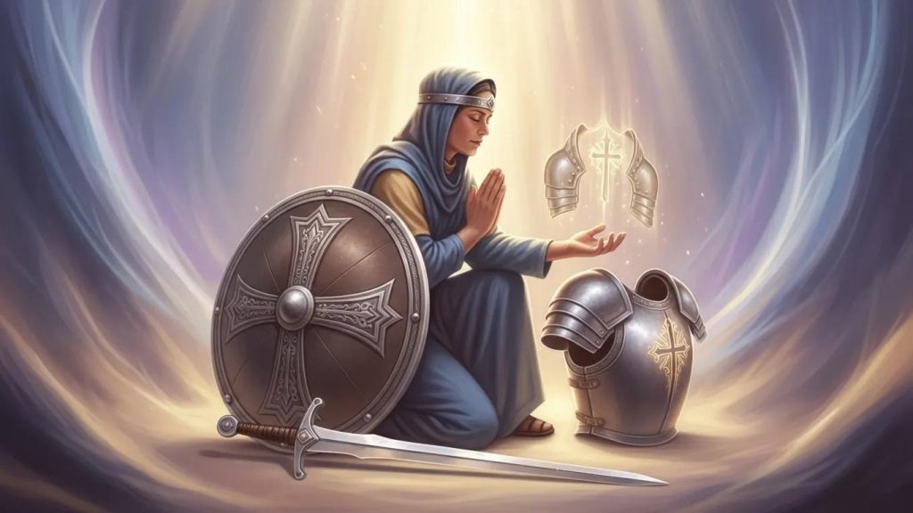 A woman in medieval attire kneels in prayer, surrounded by shining armor, a shield, and a sword, with beams of light illuminating her and the equipment. She appears serene and contemplative.