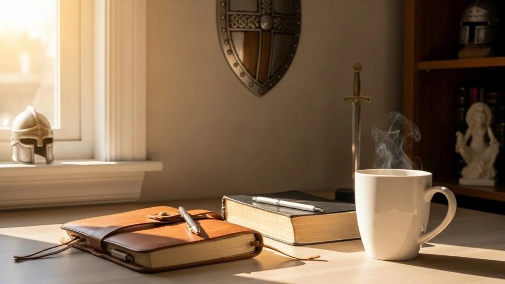 A desk by a sunlit window with a leather notebook, pen, closed book, and steaming mug. In the background, there’s a medieval helmet, shield, and sword, along with books and statues on a shelf.