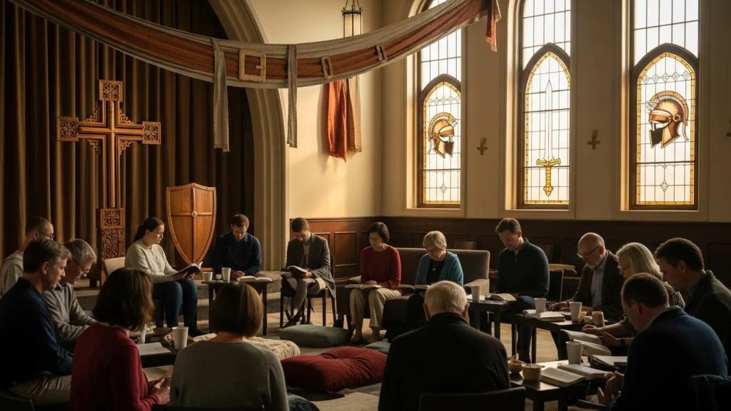A group of people sit in a circle in a church room with stained glass windows, a large cross, and warm lighting, engaged in reading or discussion with books and cups on small tables.