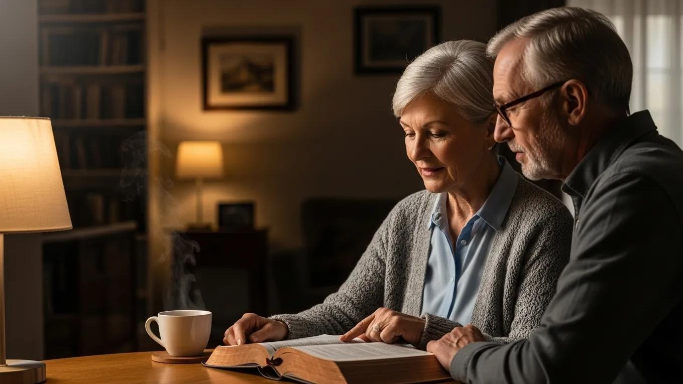 An elderly couple sits together at a wooden table in a cozy, warmly lit room, reading an open book. A cup of coffee sits nearby, and soft lamps brighten the background with a gentle glow.