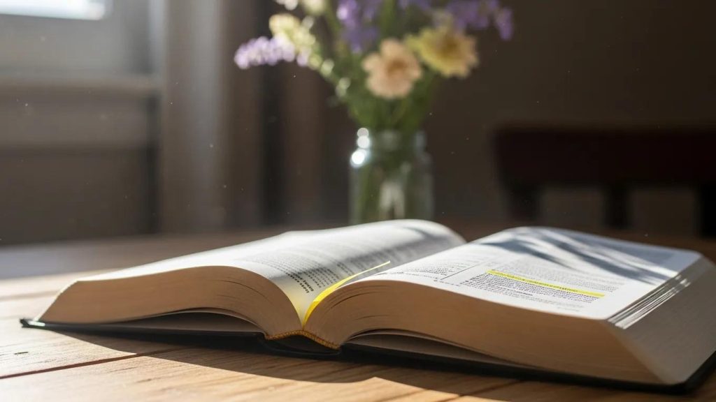 An open book with highlighted text rests on a wooden table. In the blurred background, a glass jar with pastel flowers sits by a sunlit window.