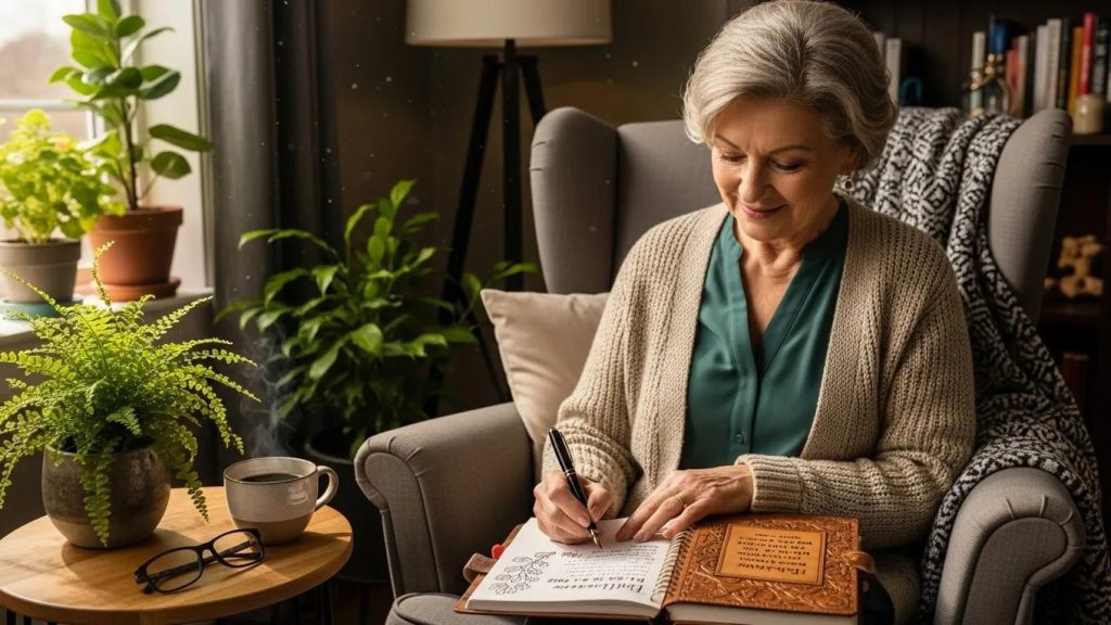 An older woman sits in a cozy armchair by a window, writing in a journal. She is surrounded by potted plants, a mug on a side table, and a patterned throw, creating a warm, inviting atmosphere.