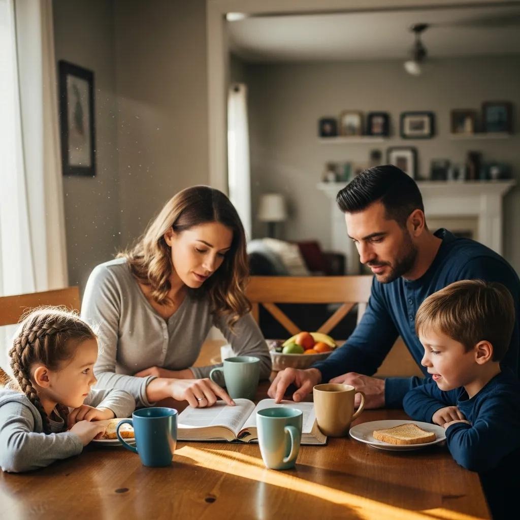 A family of four, two adults and two children, sit at a wooden table reading together. They are surrounded by mugs, plates, and a bowl of fruit in a cozy, well-lit living room.
