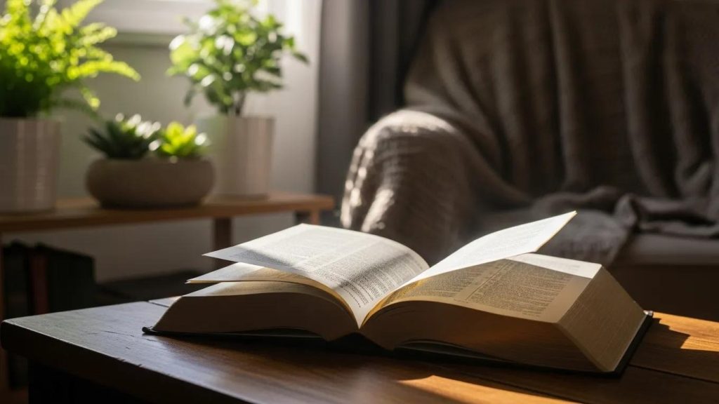 An open book rests on a wooden table in a cozy, sunlit room. Green potted plants and a textured blanket on a chair are visible in the softly lit background, creating a warm and inviting atmosphere.