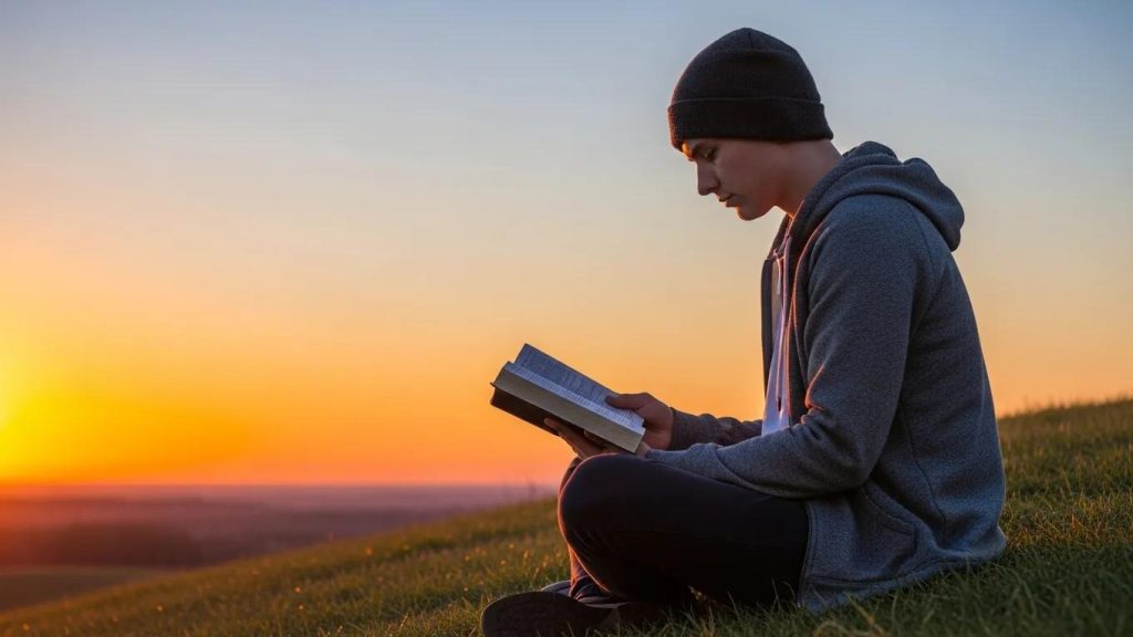 A person wearing a beanie and hoodie sits on a grassy hill at sunset, reading a book with the sun low on the horizon and an orange sky in the background.