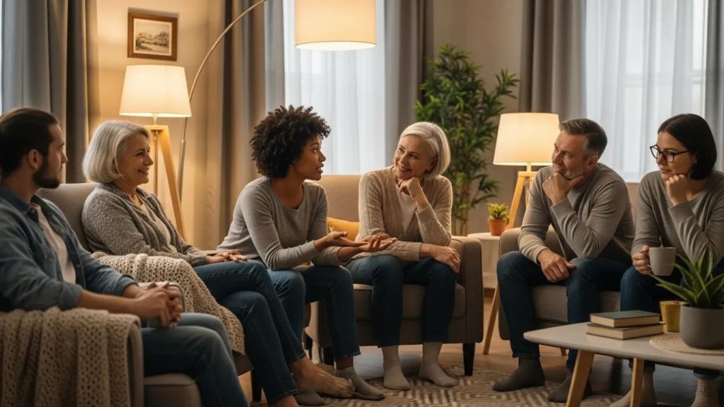 A group of six adults sit together in a cozy living room, engaged in a lively conversation. They appear relaxed and attentive, with warm lighting and comfortable furniture around them.