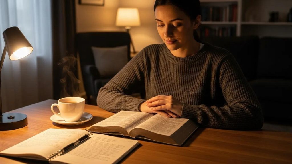 A woman sits at a wooden desk reading an open book, with a steaming cup of coffee and an open notebook nearby. A lamp casts warm light, and the background shows a cozy, softly lit living room.