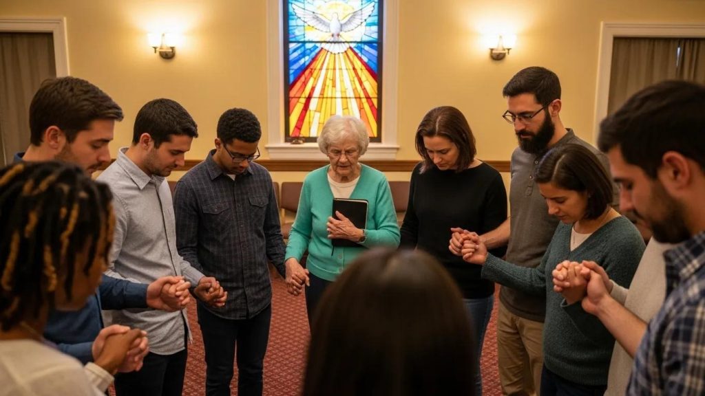 A diverse group of people stand in a circle holding hands and praying, led by an elderly woman holding a Bible, in a warmly lit room with a stained glass window in the background.