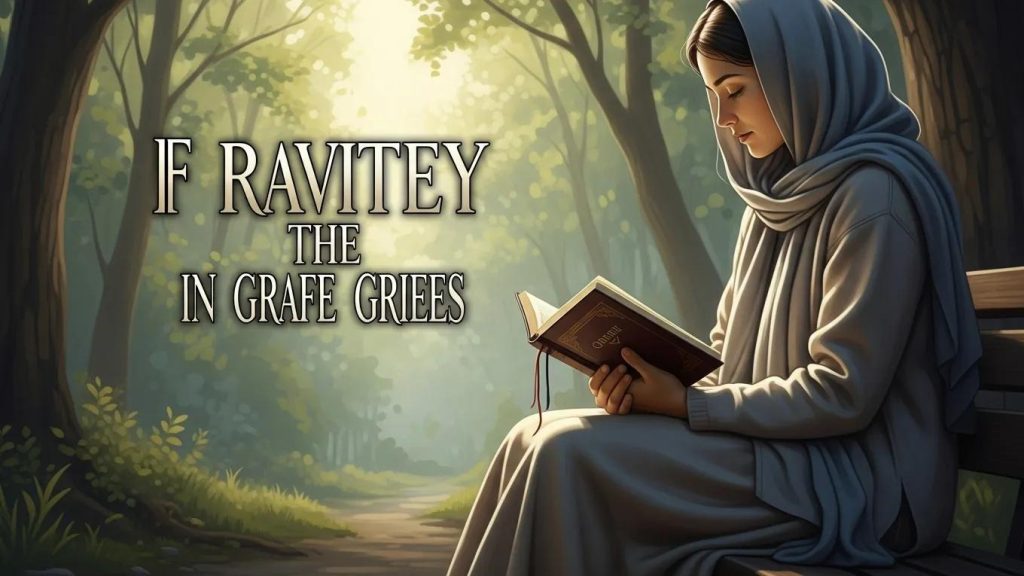 A woman in a light blue hooded cloak sits on a bench in a sunlit forest, reading a book. Large text beside her reads IF RAVITEY THE IN GRAFE GRIEES.