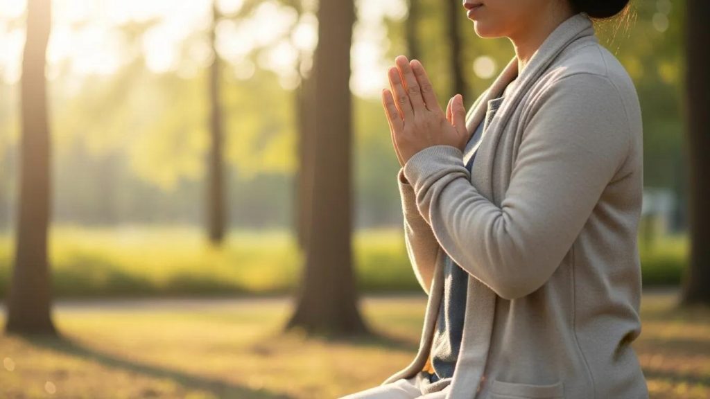 A person sits outdoors in a park, wearing a light gray sweater, with hands pressed together in a prayer or meditation pose. Sunlight filters through the trees in the background, creating a peaceful atmosphere.
