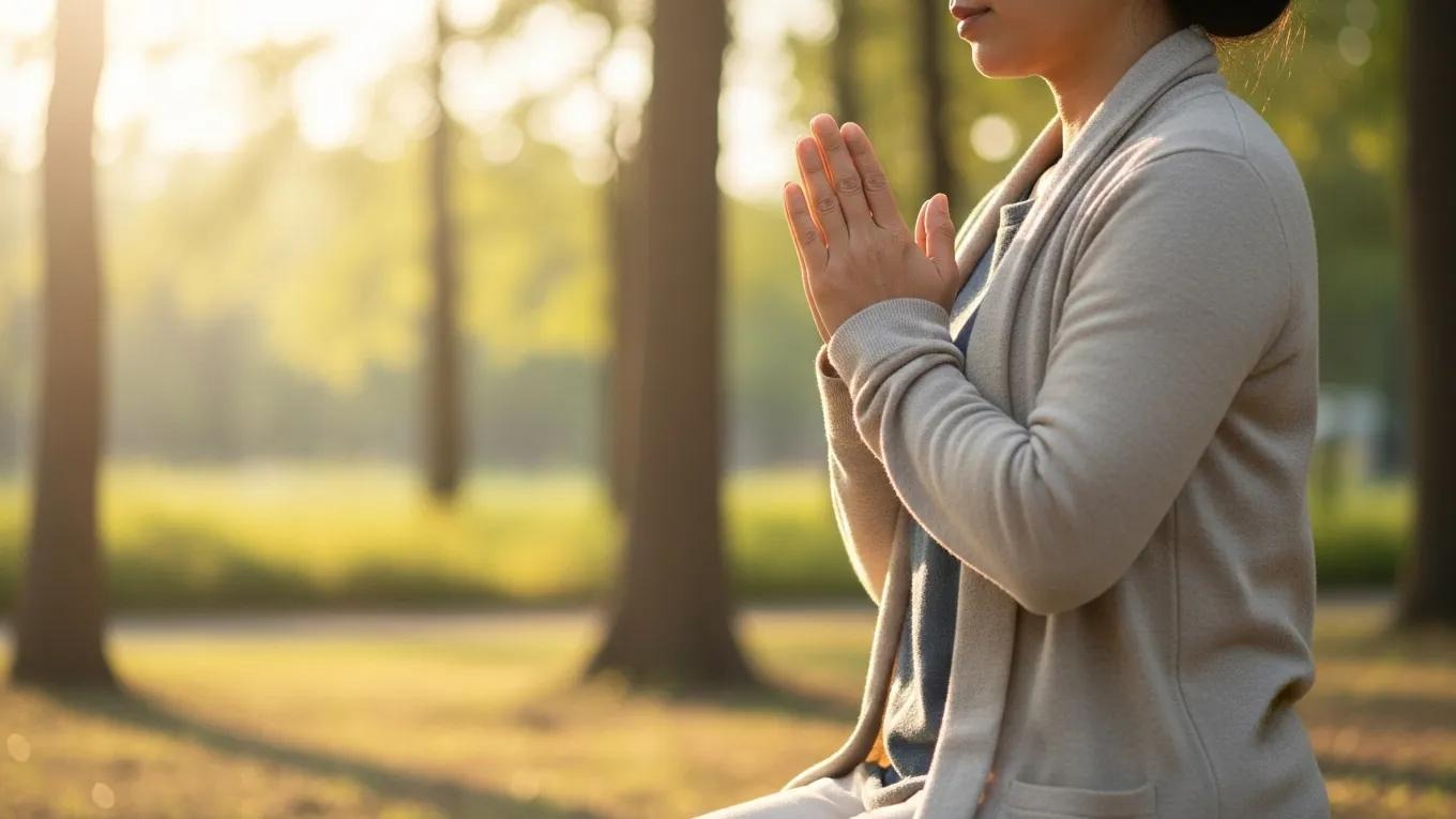 A person sits outdoors in a park, wearing a light gray sweater, with hands pressed together in a prayer or meditation pose. Sunlight filters through the trees in the background, creating a peaceful atmosphere.