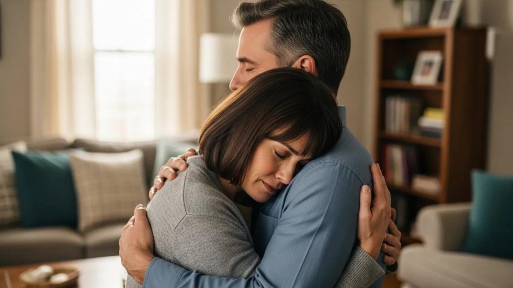 A man and woman are standing in a living room, hugging each other closely. The woman’s eyes are closed and her head rests on the mans shoulder, suggesting comfort and support. The room appears warm and softly lit.