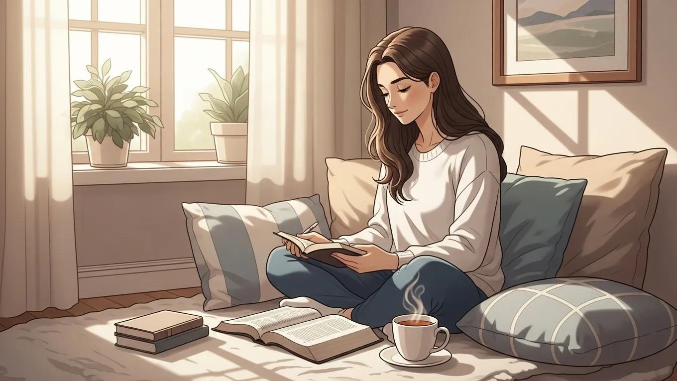 A woman sits cross-legged on the floor by a window, reading a book. She is surrounded by cushions, with more books and a steaming cup of coffee nearby. Sunlight streams into the cozy, softly lit room.