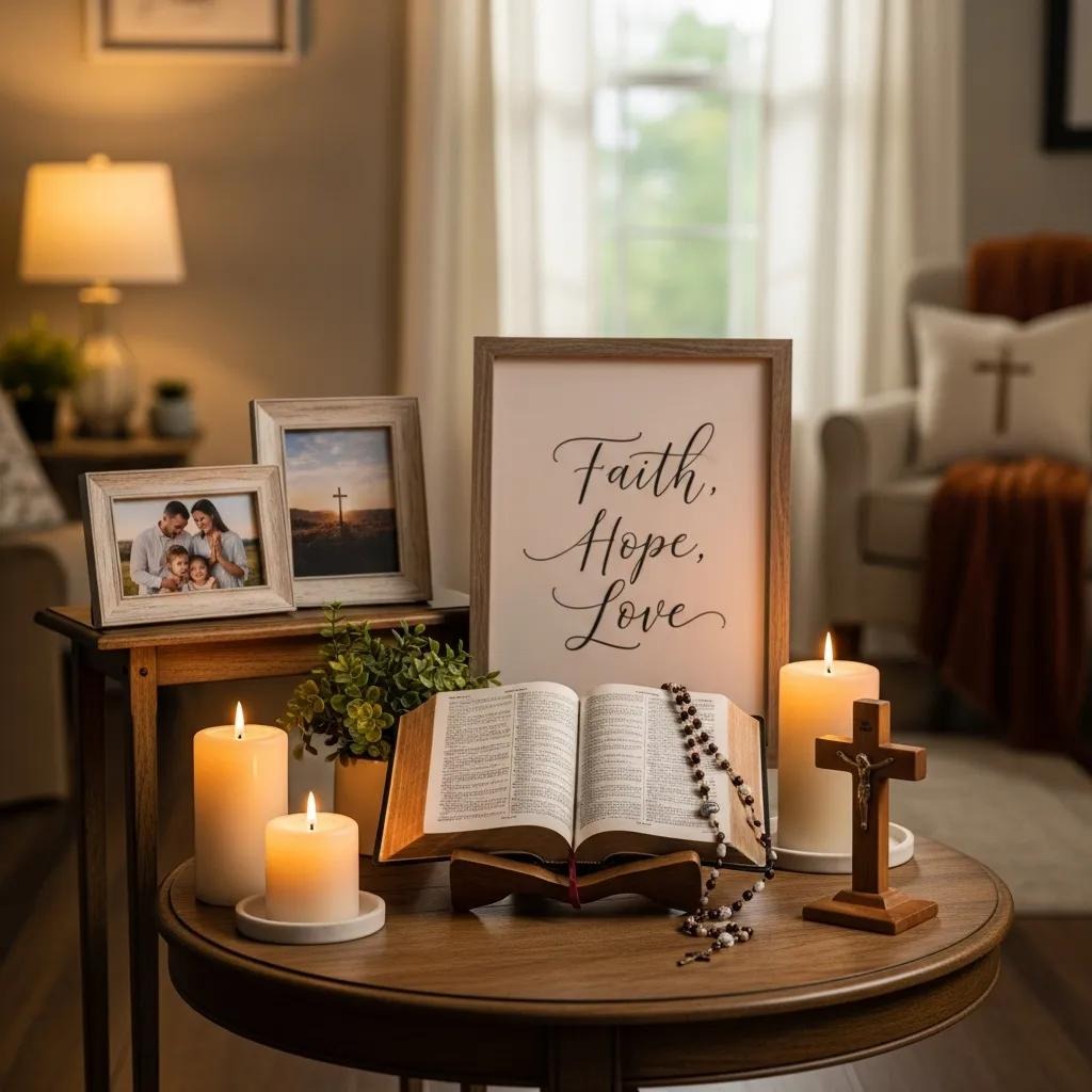 A cozy room with a round table holding an open Bible, a rosary, three lit candles, a wooden cross, small plants, family photos, and framed art that reads Faith, Hope, Love. A comfy chair and lamp are in the background.