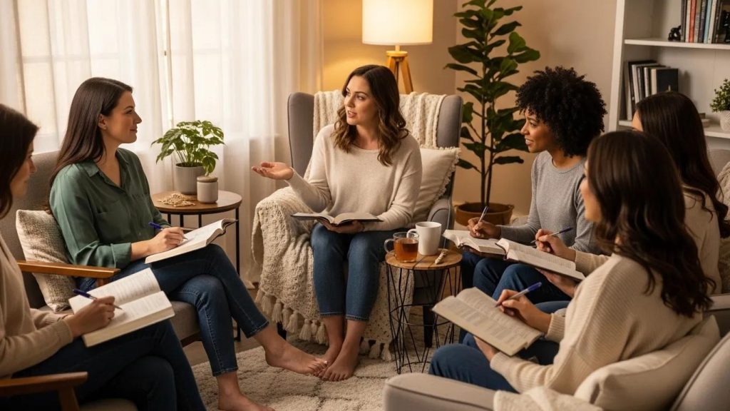Six women sit in a cozy living room, engaged in discussion with open books and notebooks. One woman speaks while others listen and take notes. Warm lighting and homey decor create a comfortable atmosphere.