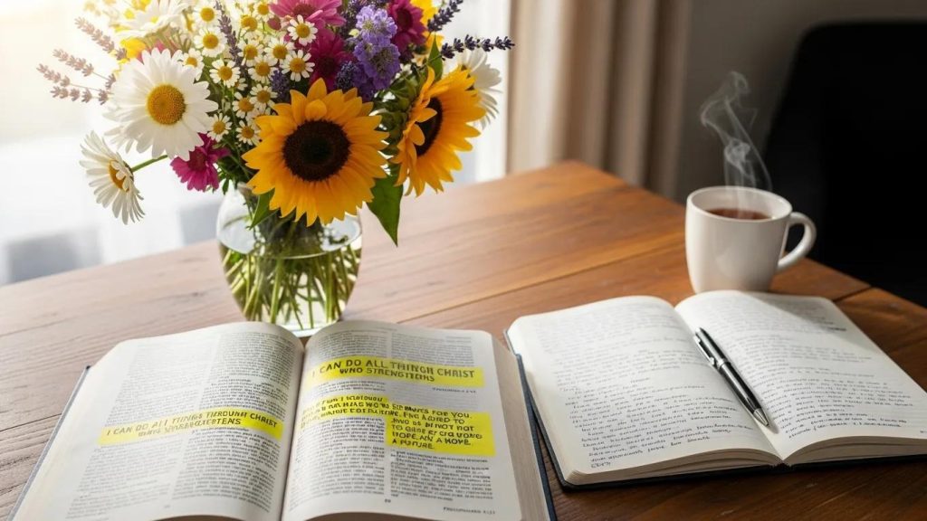 An open Bible and notebook with a pen sit on a wooden table next to a steaming cup of coffee and a vase of colorful flowers, with sunlight streaming in through a window in the background.