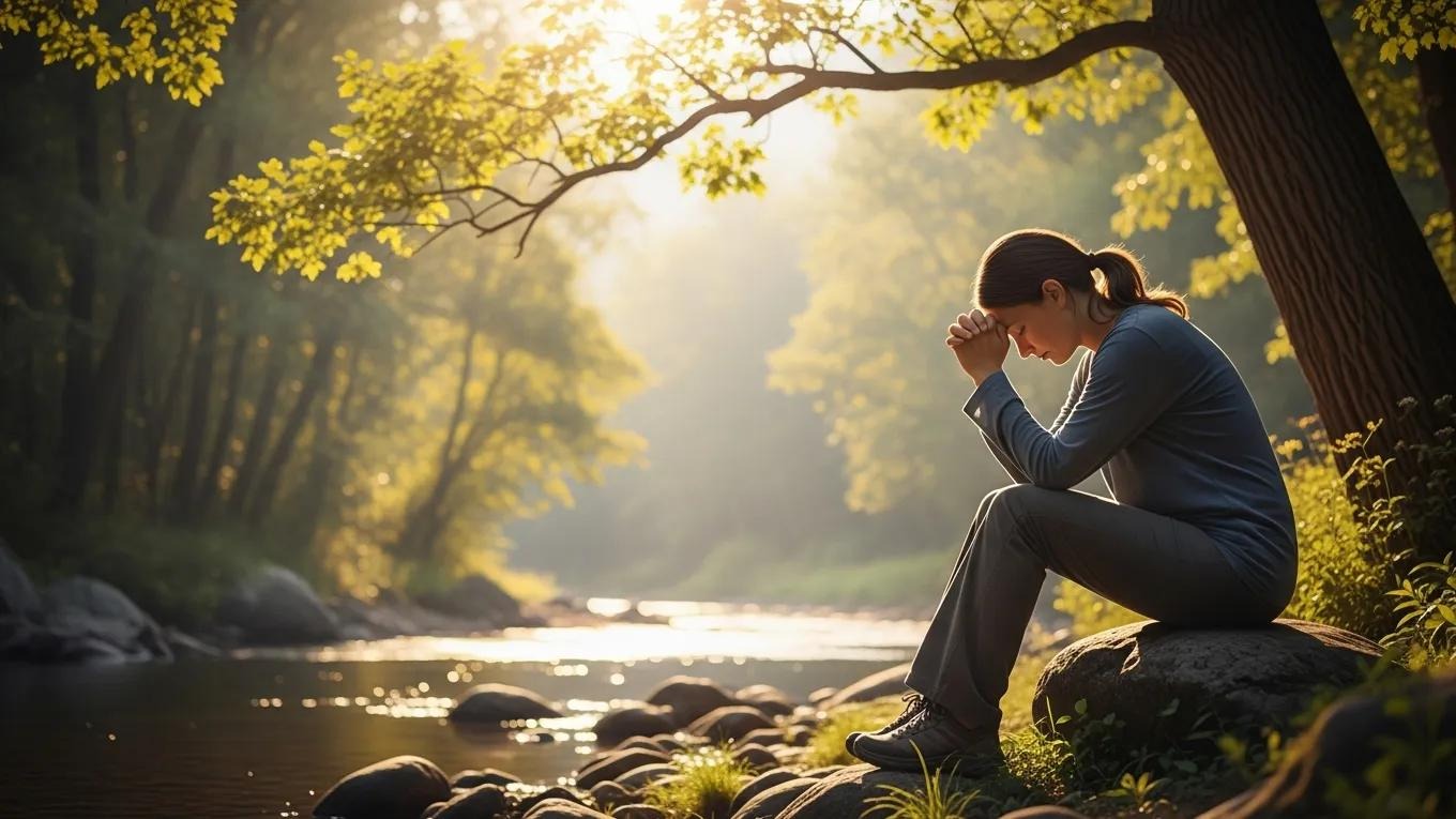 A person sits on a rock by a peaceful river in a sunlit forest, with their head bowed and hands clasped, appearing thoughtful or prayerful in the serene natural setting.