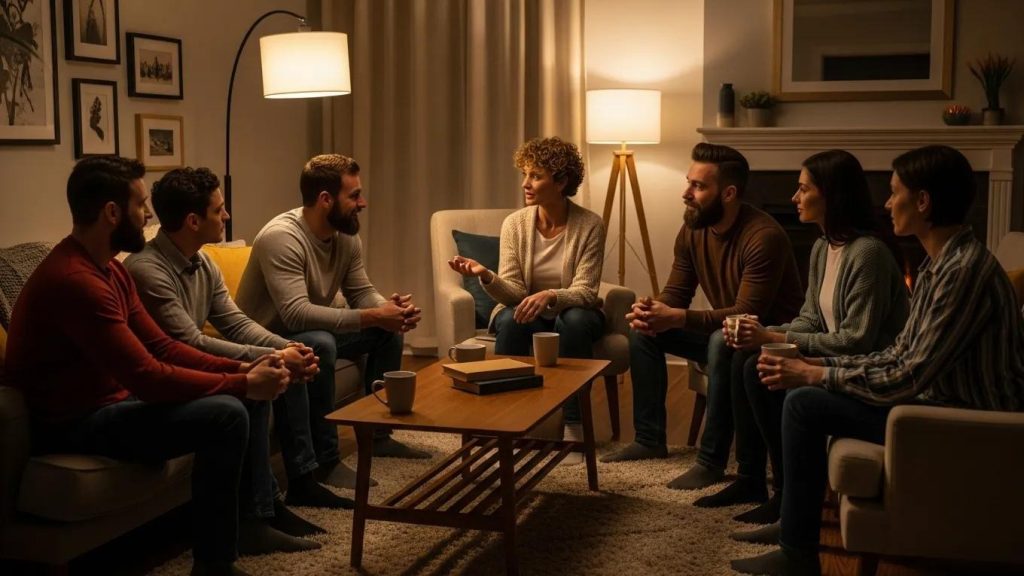 A group of seven adults sit in a cozy living room, arranged in a circle with coffee mugs, attentively listening to a woman speaking. Warm lighting and homey decor create an inviting, supportive atmosphere.