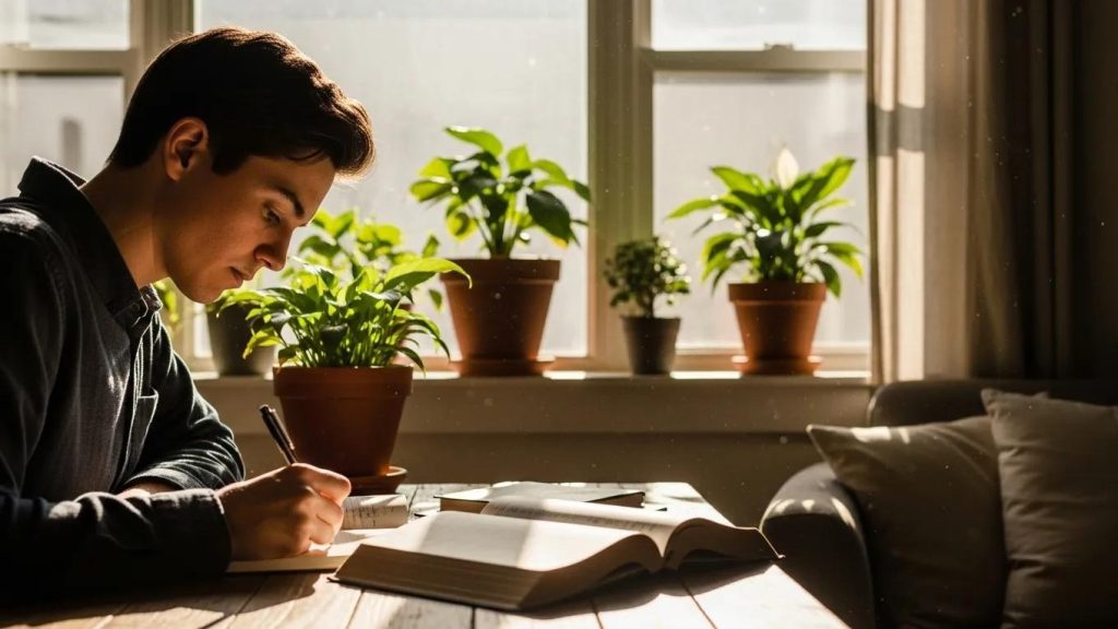A young man sits at a table writing in a notebook, with an open book beside him. Sunlight shines through a window lined with potted plants, creating a calm, focused atmosphere.