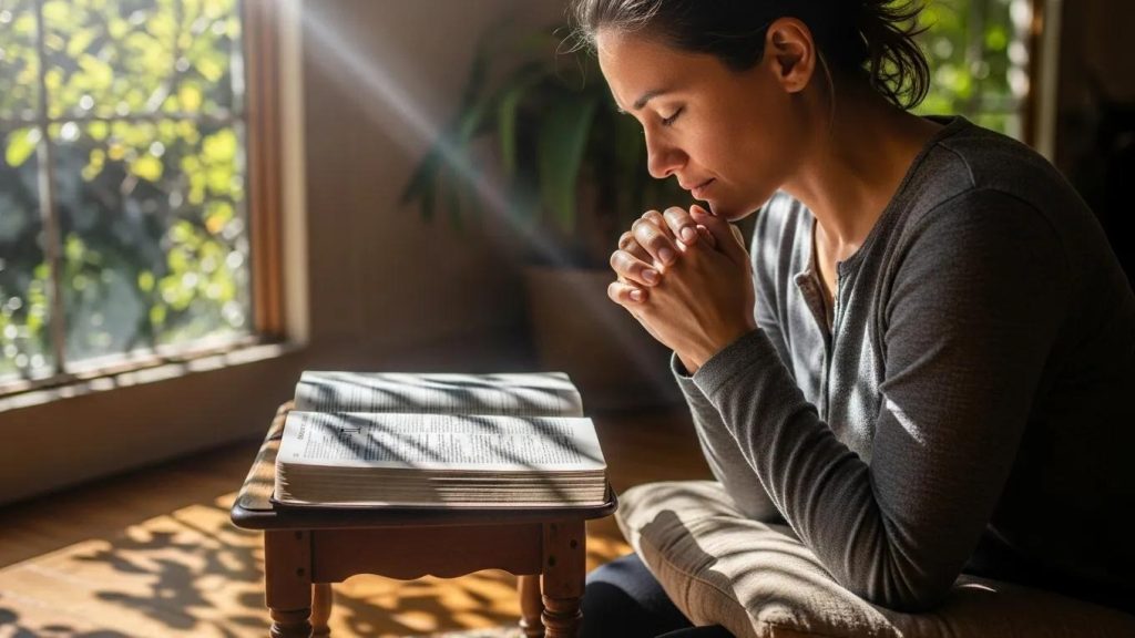 A woman sits by a window with sunlight streaming in, eyes closed and hands clasped in prayer over an open book, possibly a Bible, on a small wooden table. Plants are visible in the background.