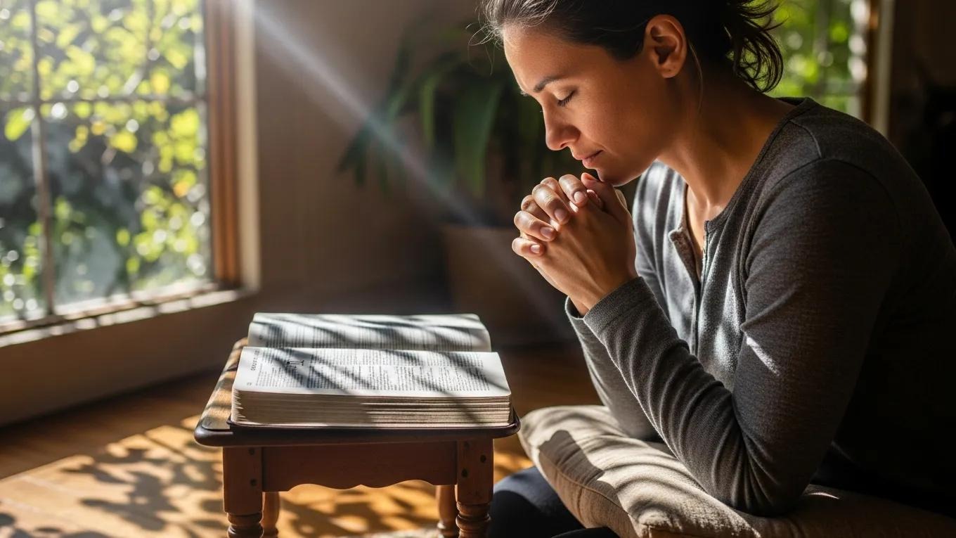 A woman sits by a window with sunlight streaming in, eyes closed and hands clasped in prayer over an open book, possibly a Bible, on a small wooden table. Plants are visible in the background.