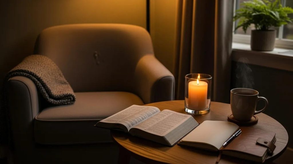 A cozy reading nook with an armchair draped in a blanket, a lit candle, an open book, a notebook, and a steaming cup on a round table beside a window with a potted plant. Warm lighting creates a relaxing atmosphere.