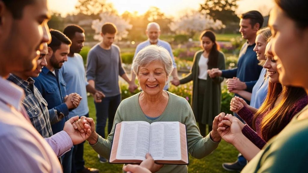 A group of people stand outdoors in a circle, holding hands. An older woman in the center smiles and holds an open book, possibly a Bible, suggesting a moment of prayer or reflection at sunset in a garden setting.