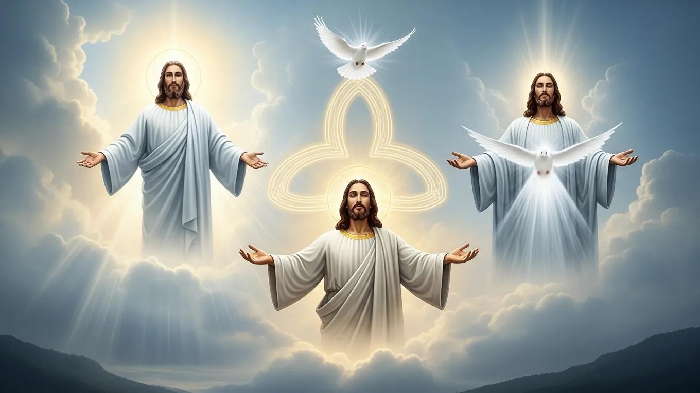 Three figures in white robes with glowing halos stand among clouds, arms open. A white dove and a glowing trinity symbol float above, symbolizing the Holy Trinity in a serene, heavenly scene.