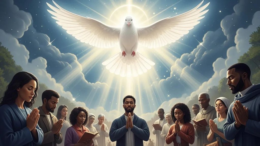 A diverse group of people pray outdoors under a sky filled with rays of light, with a glowing white dove at the center above them, symbolizing peace and spirituality.