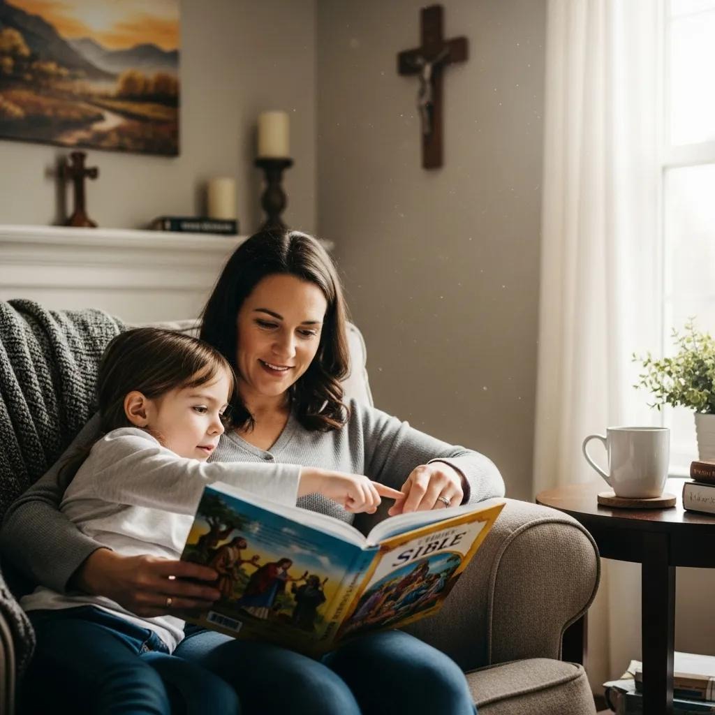 A woman and a young girl sit together in a cozy living room, reading a children’s Bible. Sunlight streams through the window, and religious decorations, including a cross, are visible on the wall and mantel behind them.