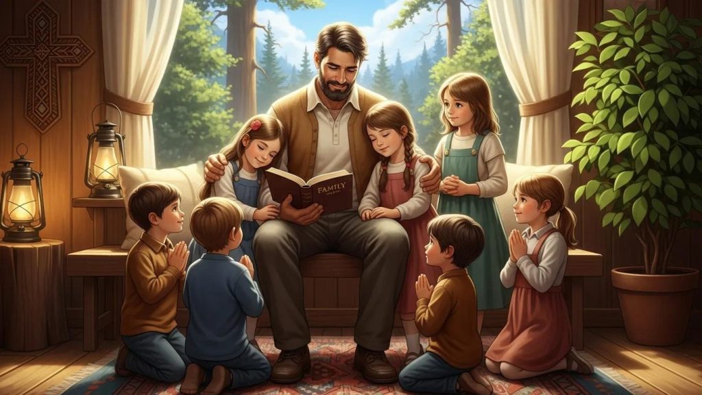A man sits in a cozy wooden room, reading a book titled Family to five children gathered around him, some seated and some kneeling, with a forest visible outside the window. Warm light creates a peaceful, loving atmosphere.