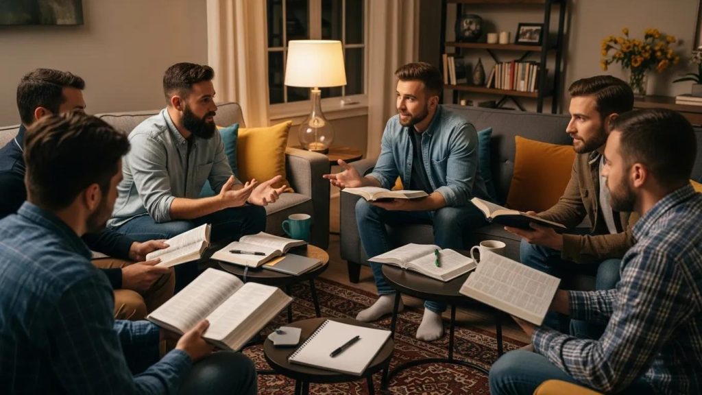 Seven men sit in a cozy living room, engaged in a discussion while holding open books. Notebooks and pens are on the table, and the atmosphere is warm with soft lighting and comfortable furniture.