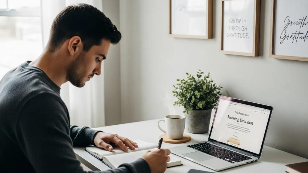 A man sits at a desk, writing in a notebook beside an open laptop displaying a website, with a coffee mug and a potted plant nearby. Framed inspirational quotes hang on the wall behind him.