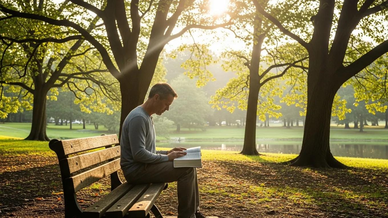 A man sits alone on a wooden bench in a sunlit park, reading a book. Tall trees surround him, casting dappled shadows on the ground, and soft sunlight filters through the leaves.