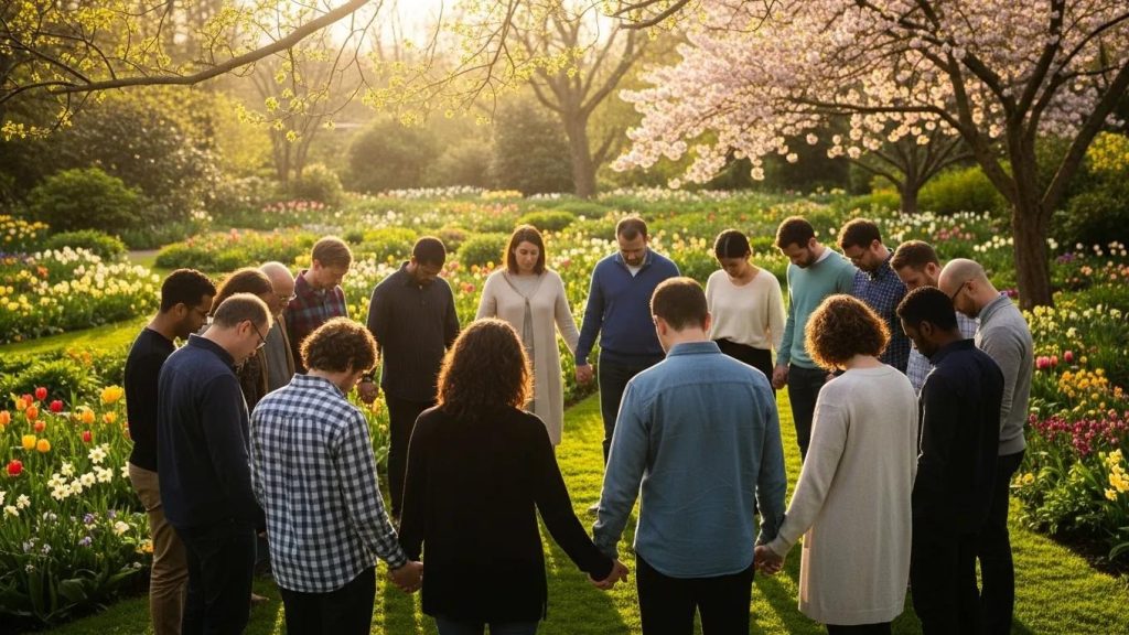A group of people stand in a circle holding hands in a sunny garden with blooming flowers and trees, engaging in a moment of reflection or prayer.